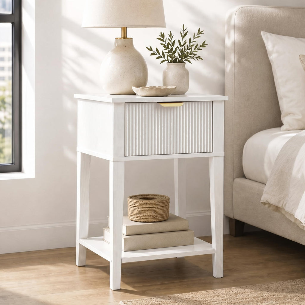 White Nightstand with Drawer and Open Shelf F670258