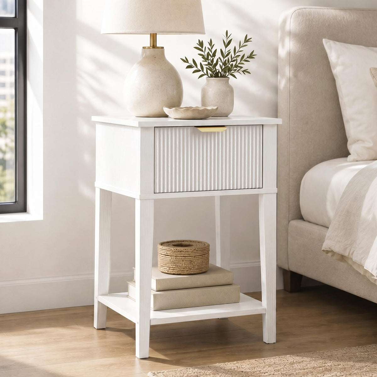 White Nightstand with Drawer and Open Shelf F670258