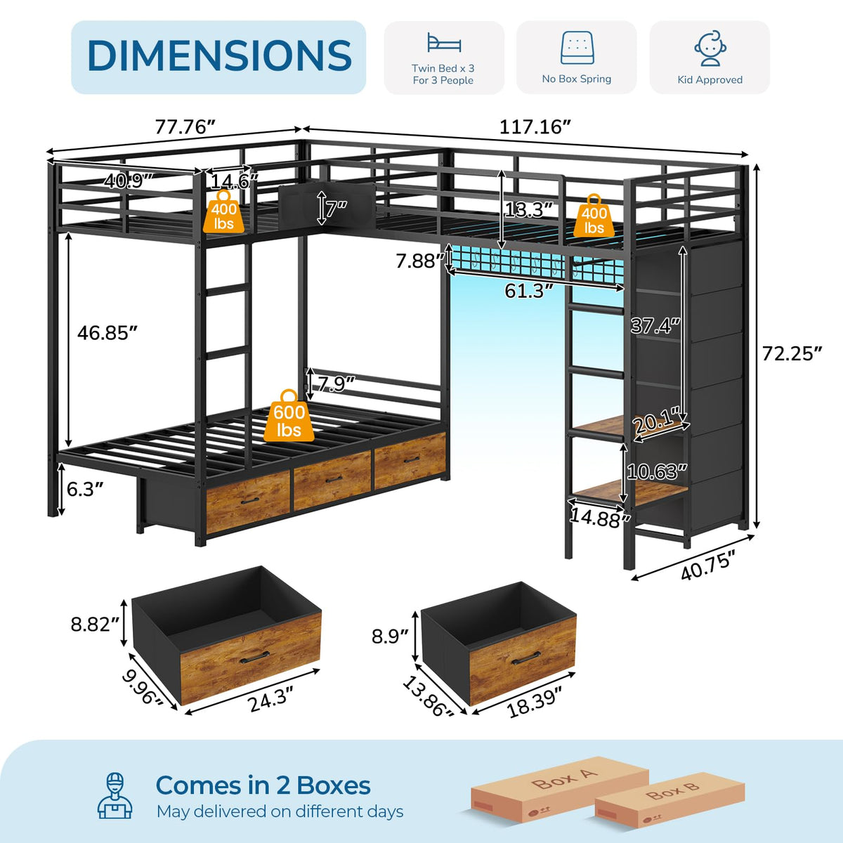 Black Twin Over Twin Triple Bunk Bed with 9 Storage Drawers and LED Lights Y89262