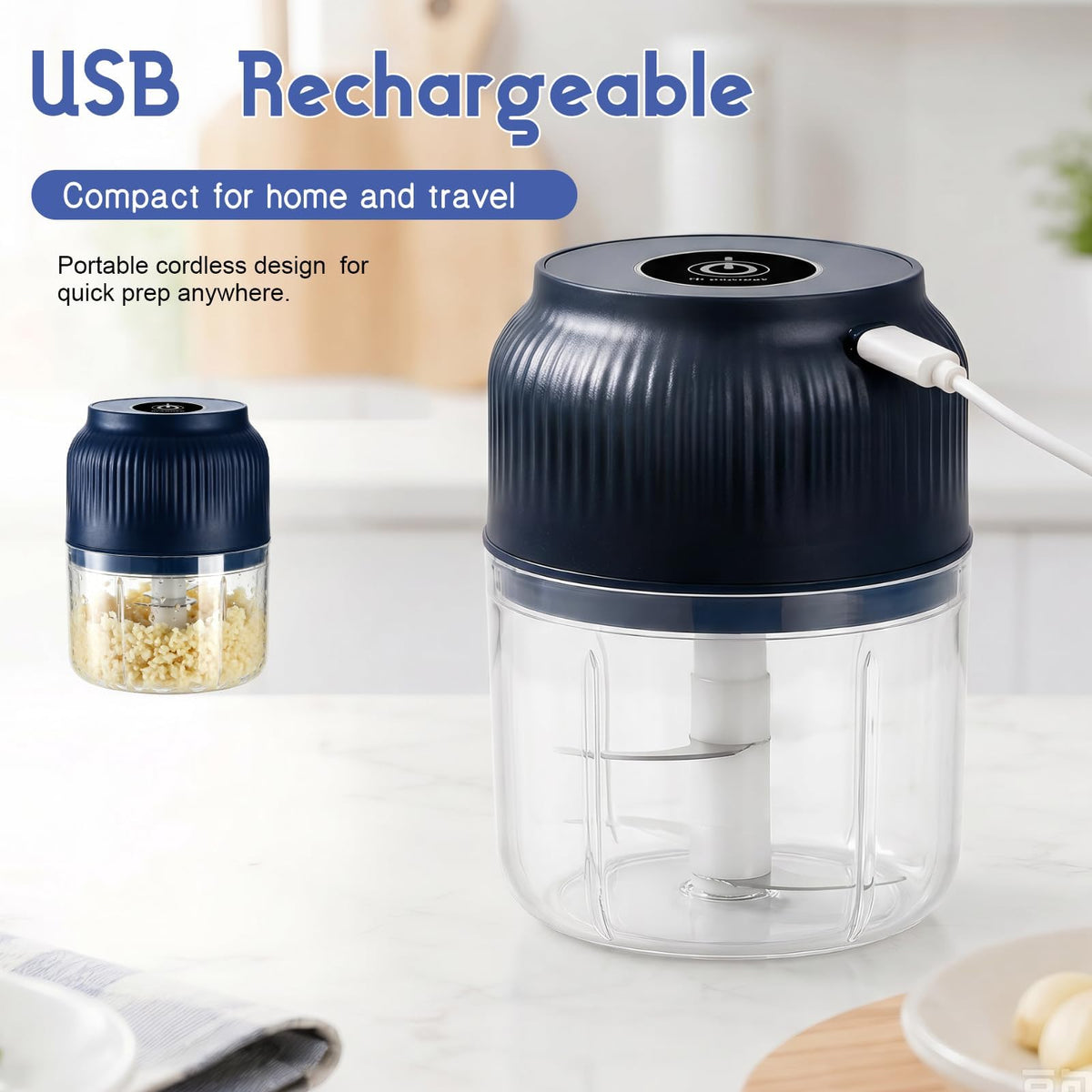 Electric Garlic Chopper, Mini Food Processor, Portable Cordless Garlic Mincer with 4 Stainless Steel Blades, Blue, 300ML Q17521