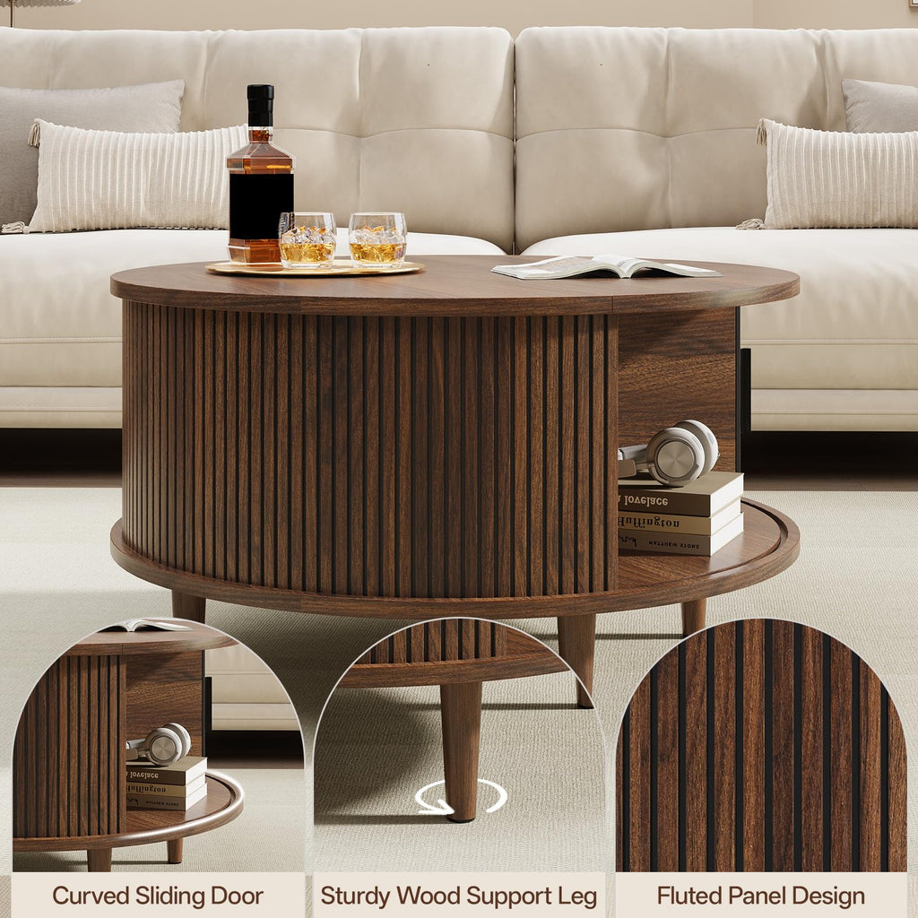 Round Coffee Table with Storage, 31.5", Walnut O28605
