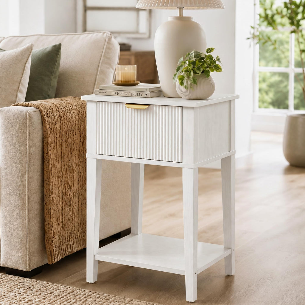 White Nightstand with Drawer and Open Shelf F670258