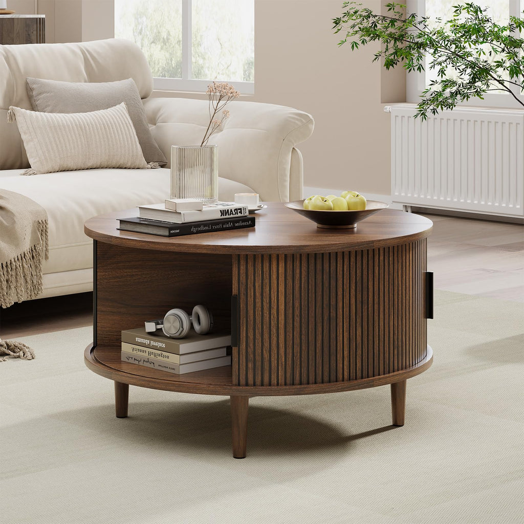 Round Coffee Table with Storage, 31.5", Walnut O28605