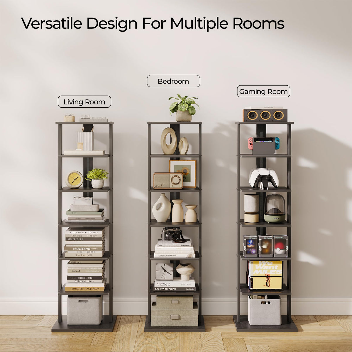 Black 7-Tier Narrow Bookshelf with LED Lights M697