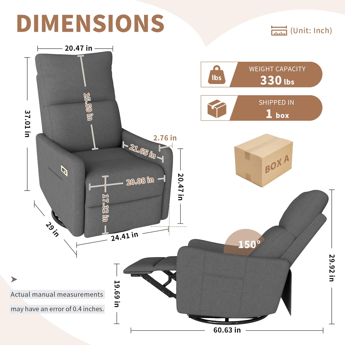Light Brown Rubberwood Dark Gray Velvet Swivel Rocker Recliner Chair N467246