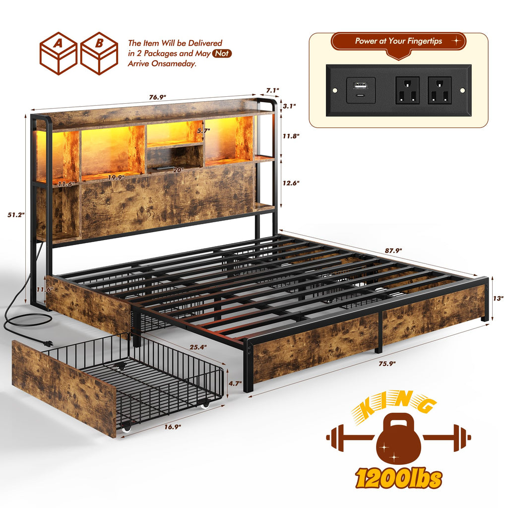 King Size Bed Frame with Storage Headboard & 4 Drawers X377
