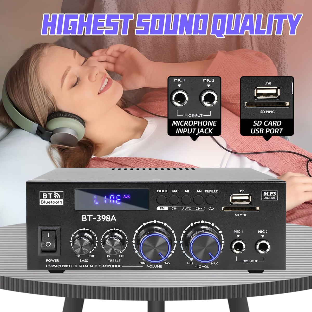 Bluetooth 5.0 Stereo Receivers, 2 Channel 450W Home Amplifier J752398