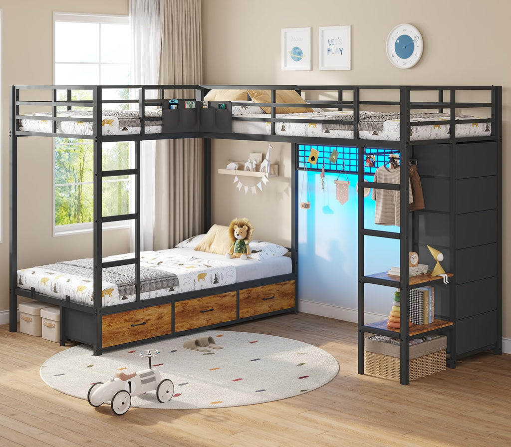 Black Twin Over Twin Triple Bunk Bed with 9 Storage Drawers and LED Lights Y89262