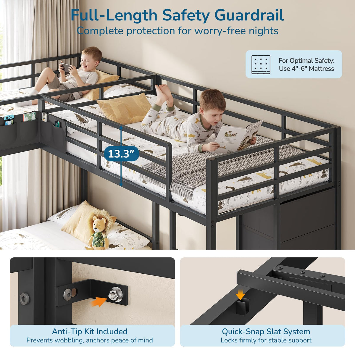 Black Twin Over Twin Triple Bunk Bed with 9 Storage Drawers and LED Lights Y89262