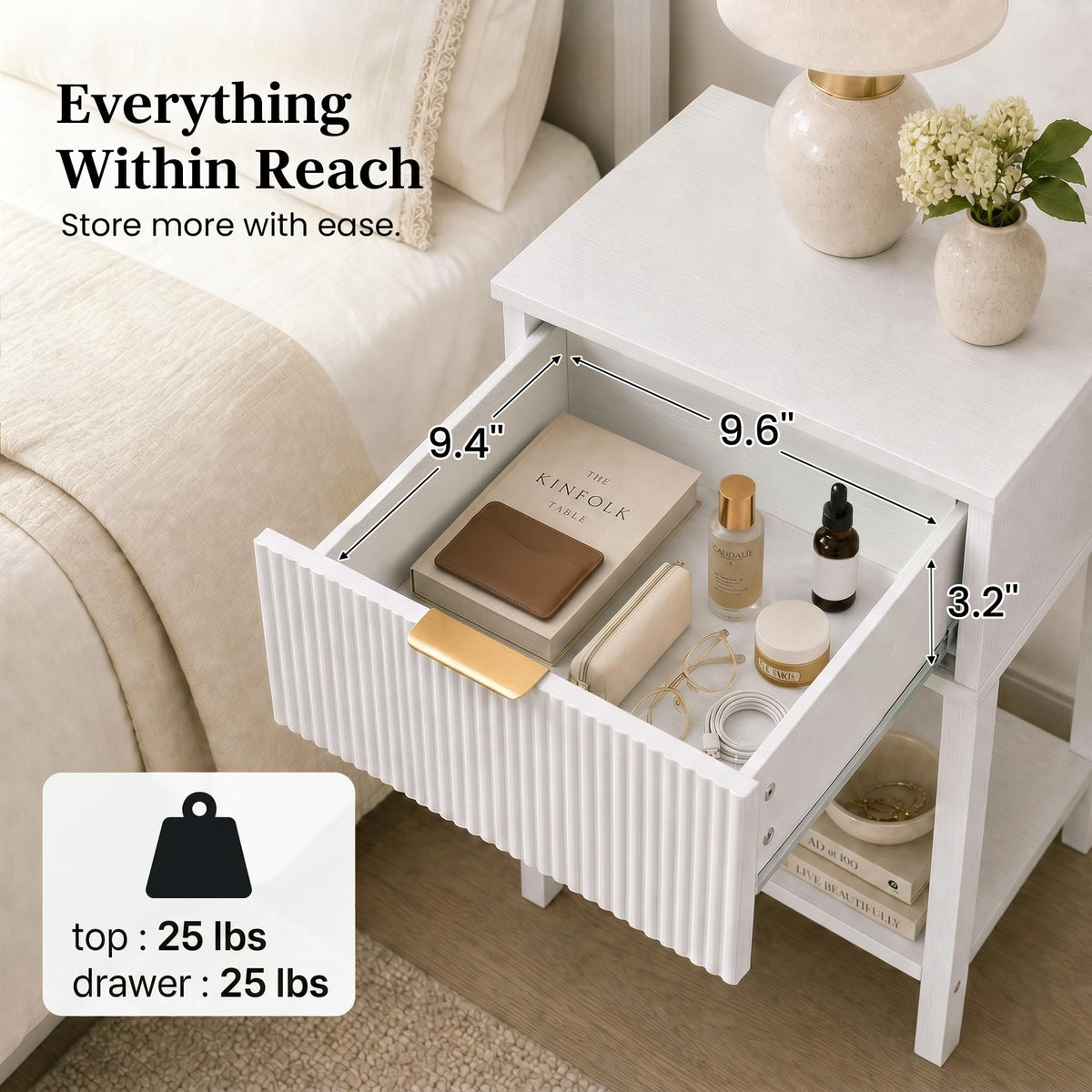 White Nightstand with Drawer and Open Shelf F670258