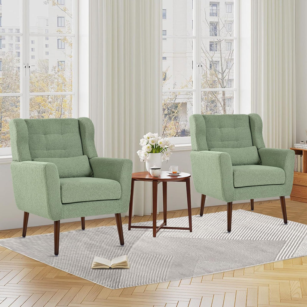 Green Teddy Upholstered Armchair Set of 2 with Lumbar Pillow S926