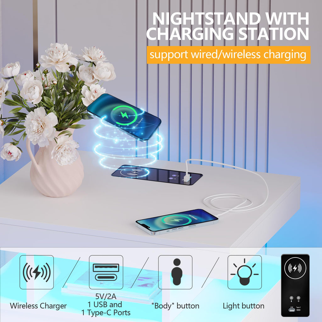 LED Nightstand with Charging Station White V57422