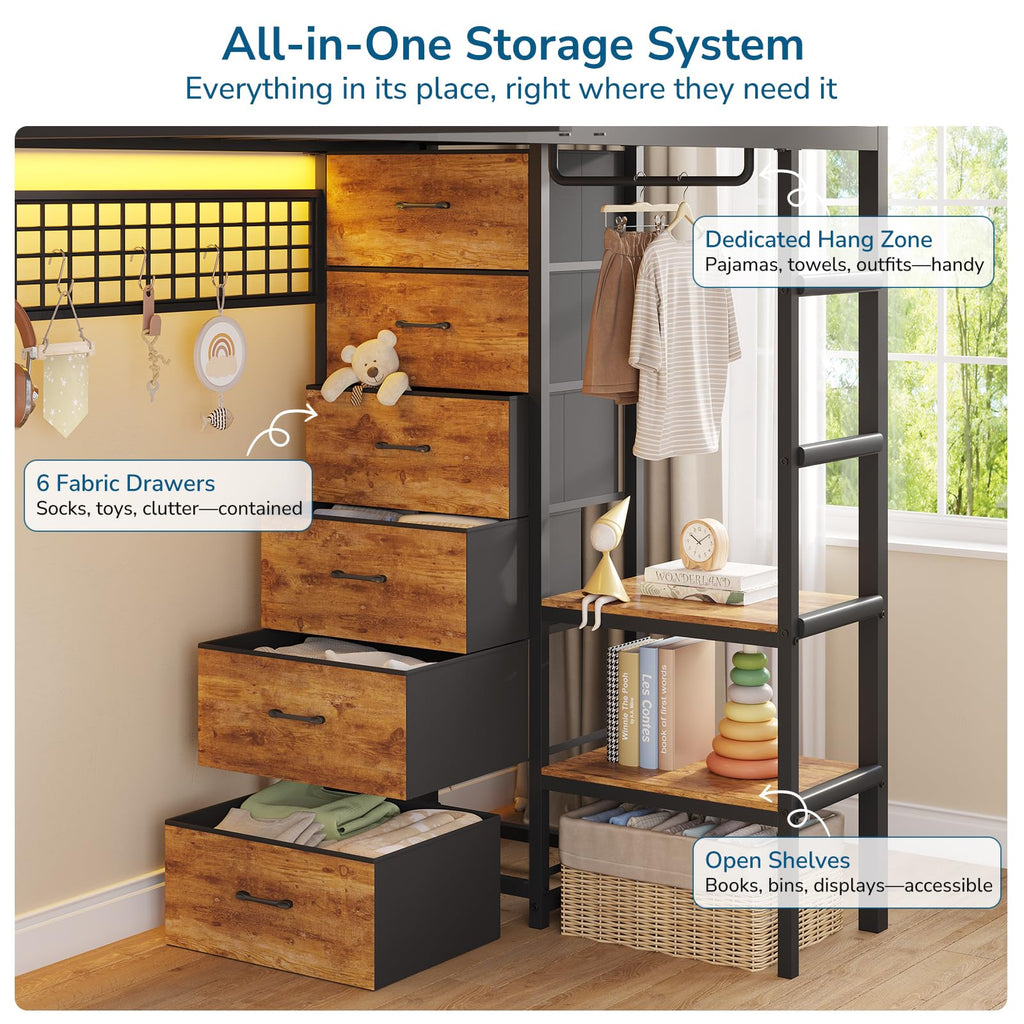 Black Twin Over Twin Triple Bunk Bed with 9 Storage Drawers and LED Lights Y89262