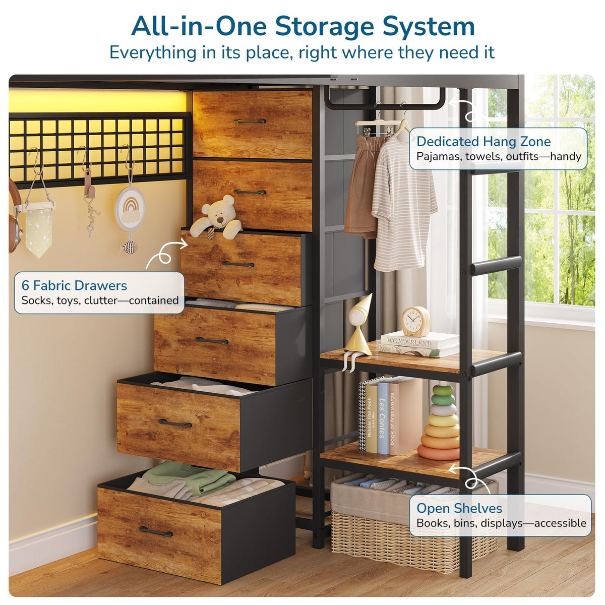 Black Twin Over Twin Triple Bunk Bed with 9 Storage Drawers and LED Lights Y89262