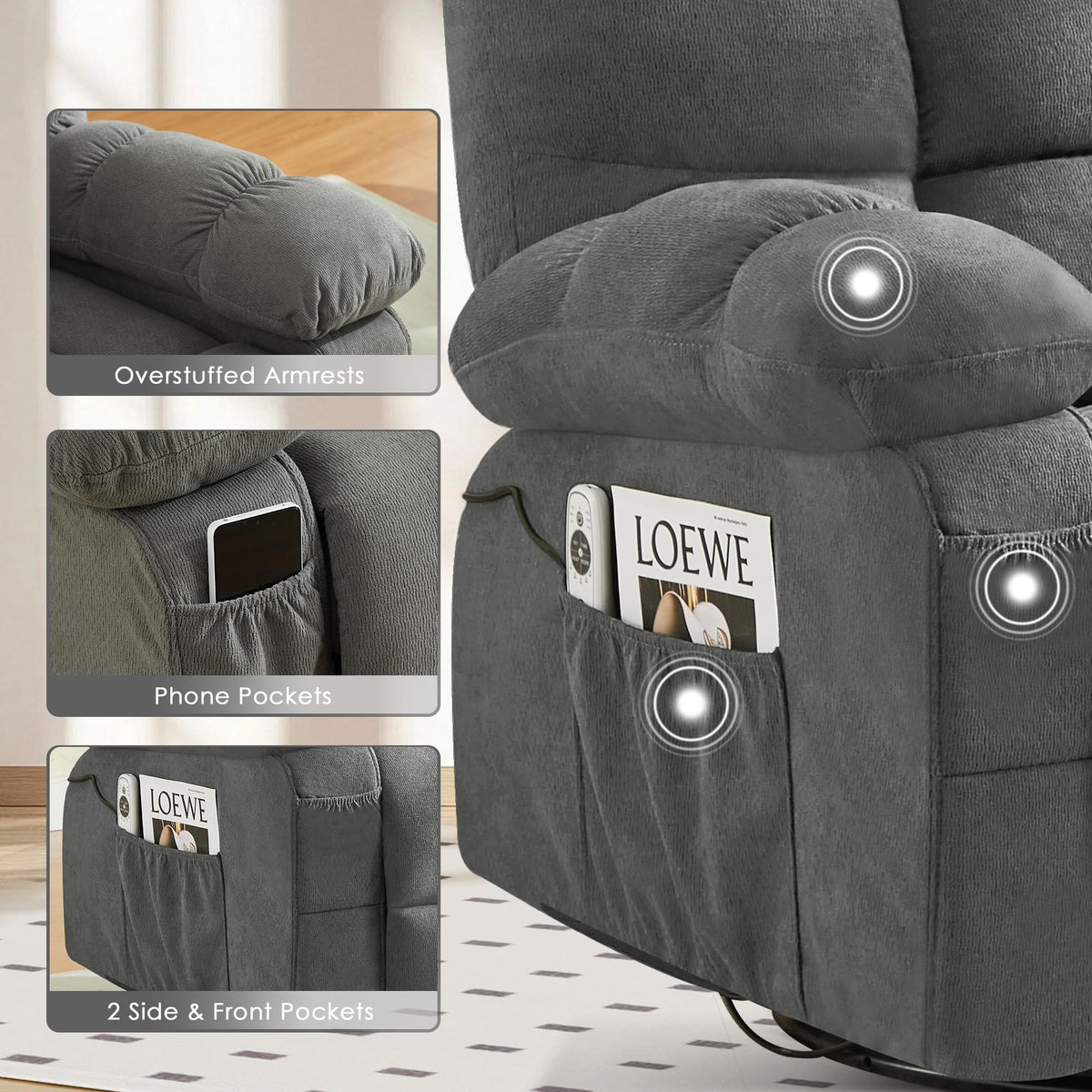 Oversized Swivel Recliner Chair with Vibration & Lumbar Heat P798696