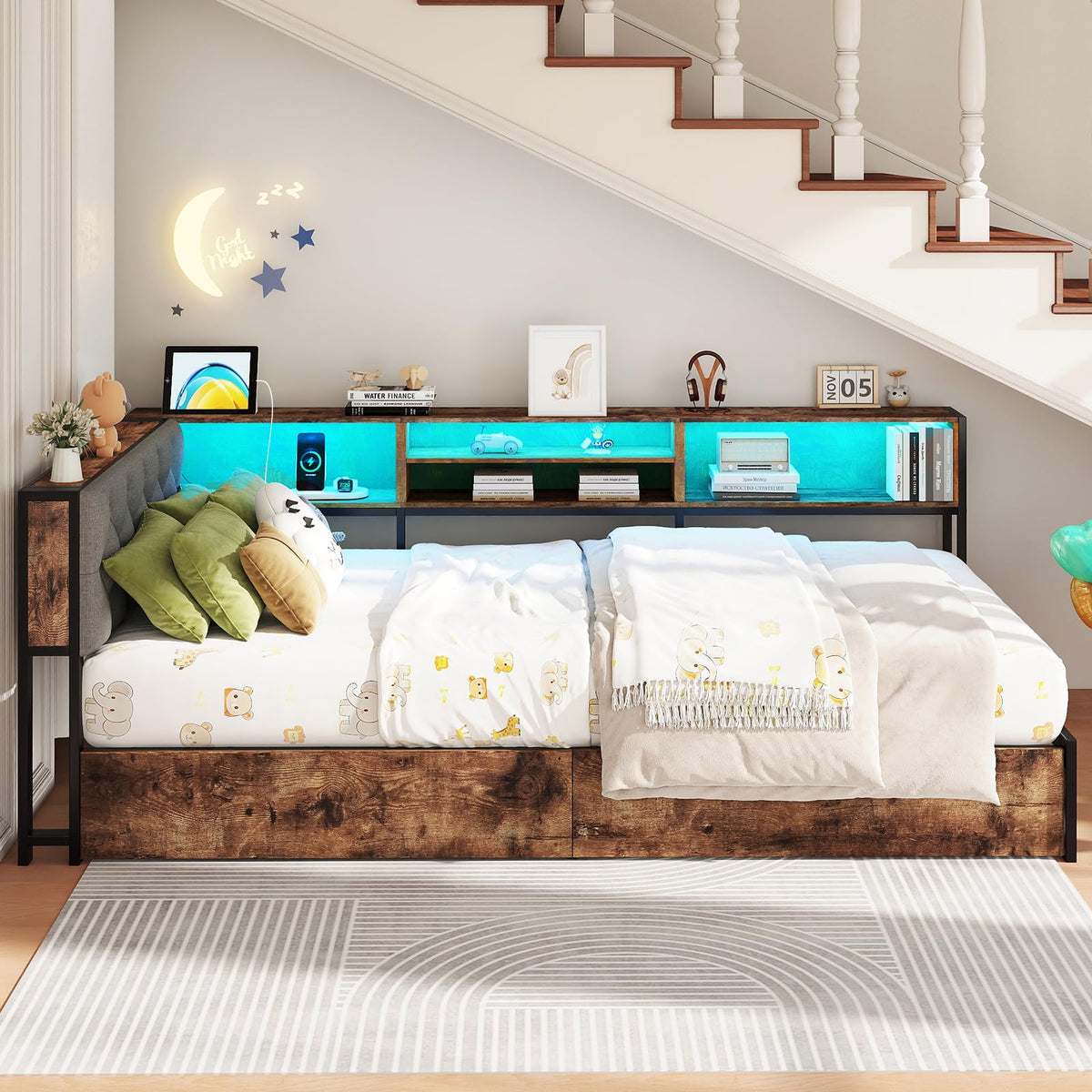 Twin Size Corner Bed Frame with Storage and Headboard L9679