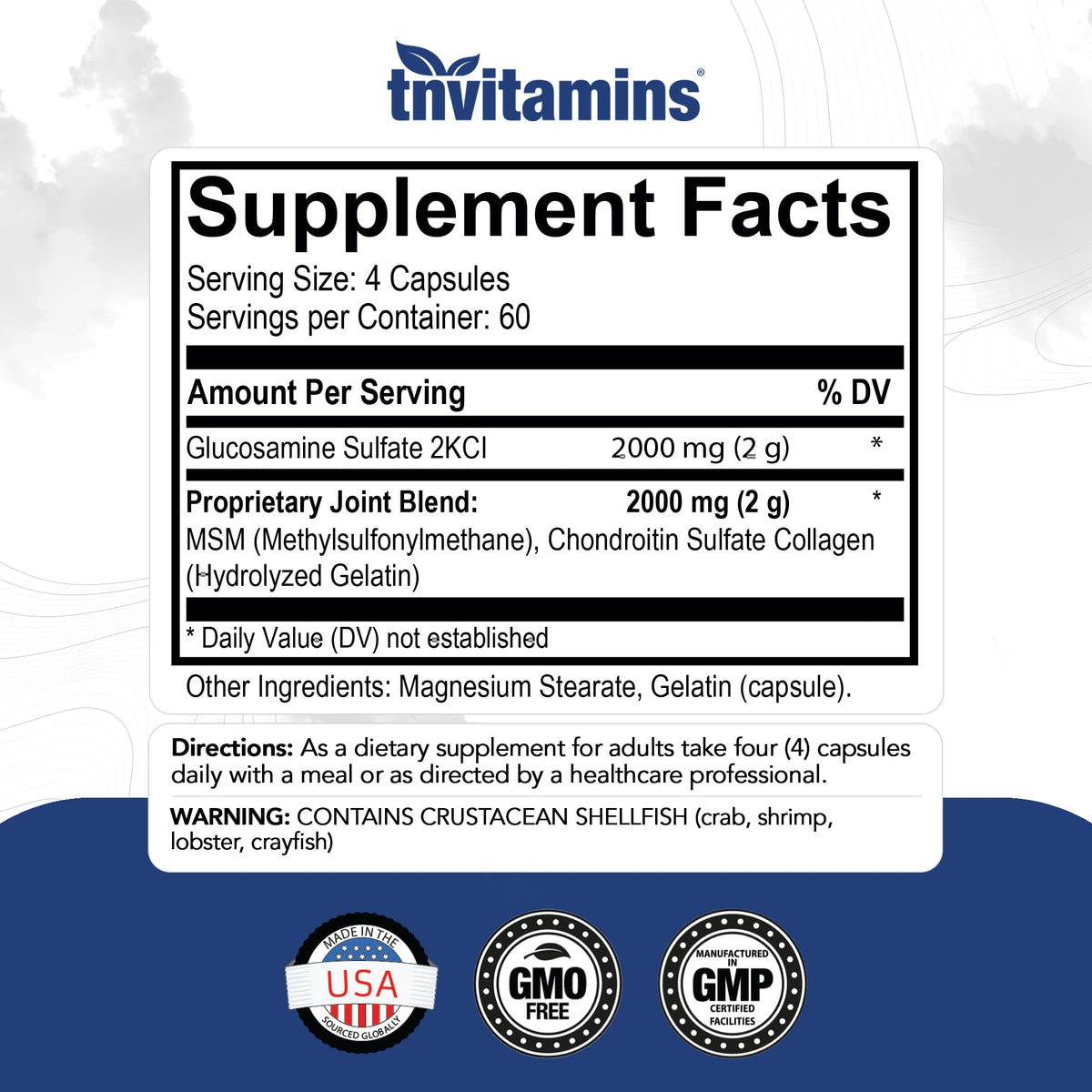 Glucosamine Chondroitin MSM 240 Capsules 4,000 mg Joint Support Supplement P11648