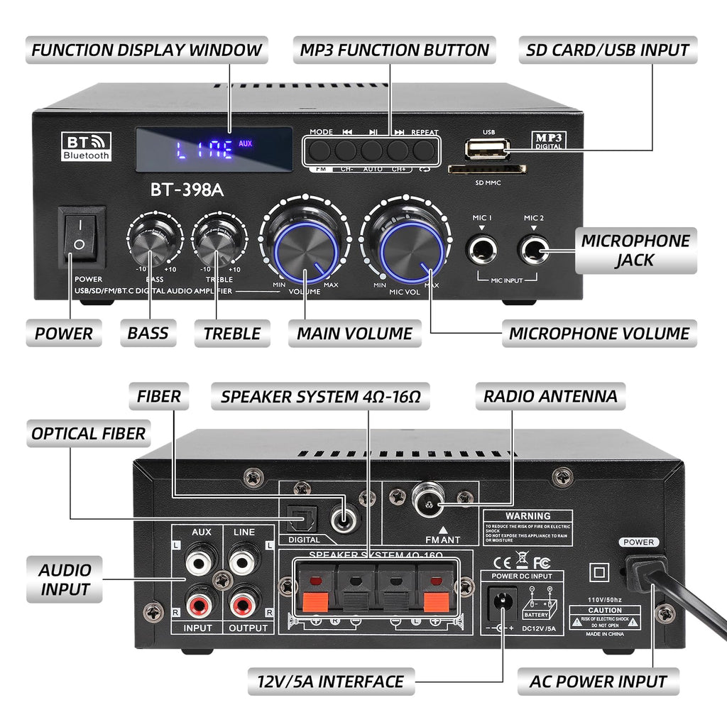 Bluetooth 5.0 Stereo Receivers, 2 Channel 450W Home Amplifier J752398