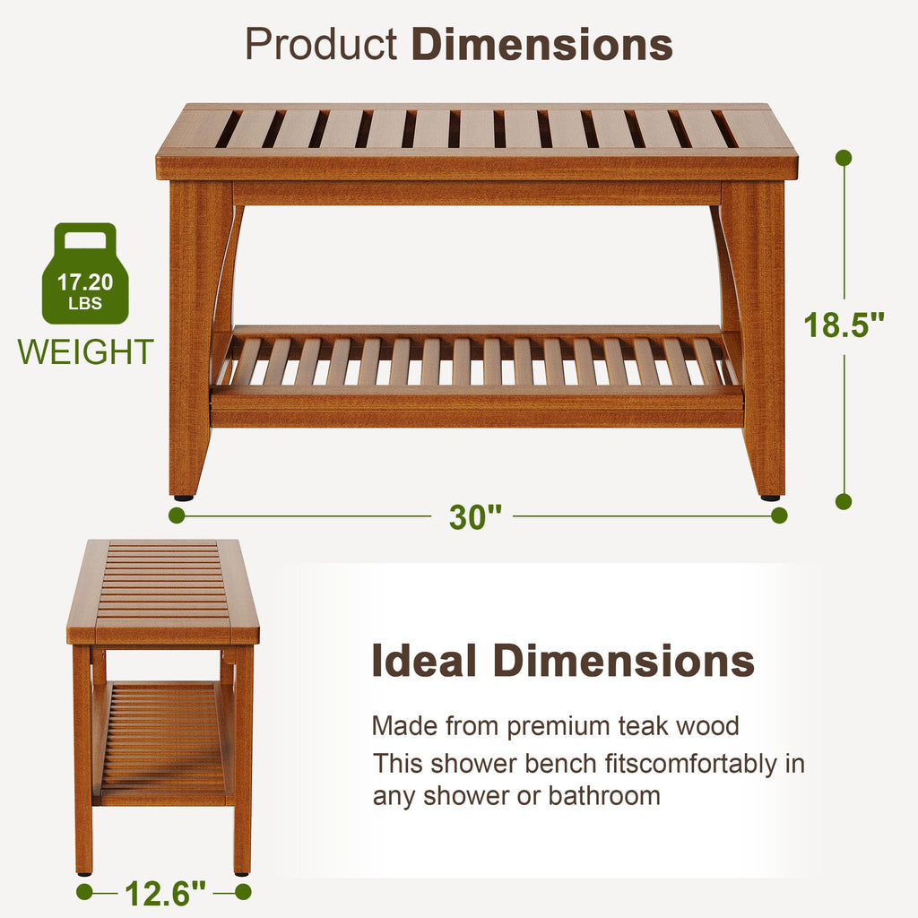 30" Solid Teak Shower Bench with Storage Shelf F553