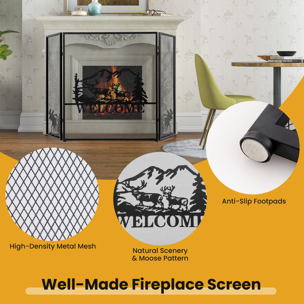 Foldable Fireplace Screen with Moose Pattern L67680