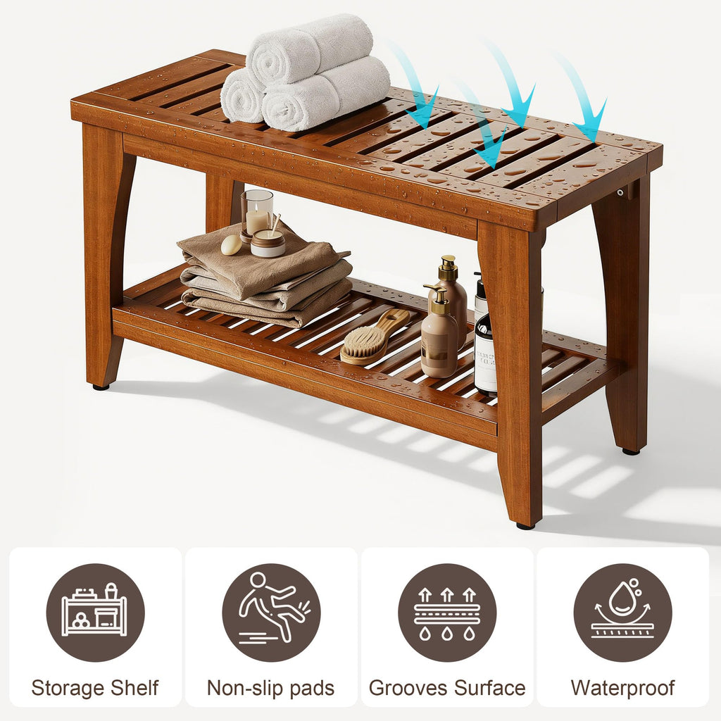 30" Solid Teak Shower Bench with Storage Shelf F553