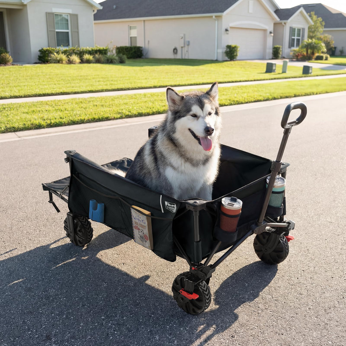 26" Extra Wide All Terrain Folding Wagon with Big Wheels, Cargo Net & Tailgate, 400lbs Heavy Duty Collapsible Cart, Black C88730