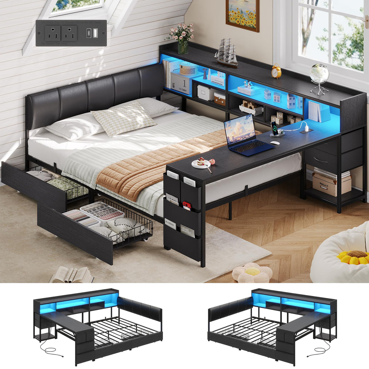 Corner Bed with Storage and Desk M9574