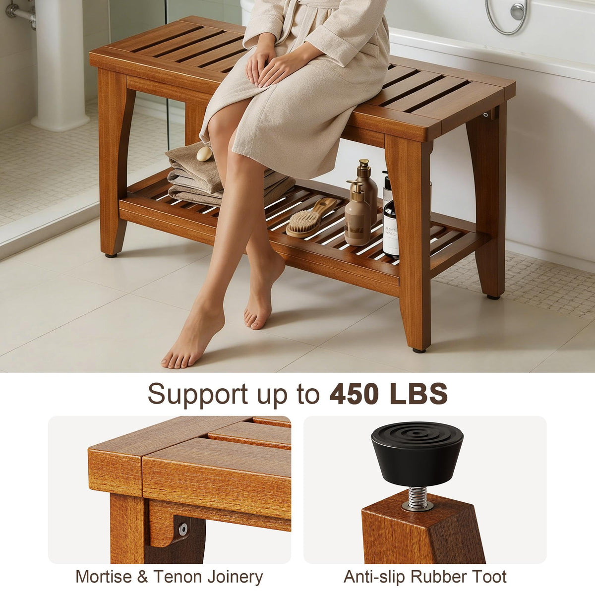 30" Solid Teak Shower Bench with Storage Shelf F553