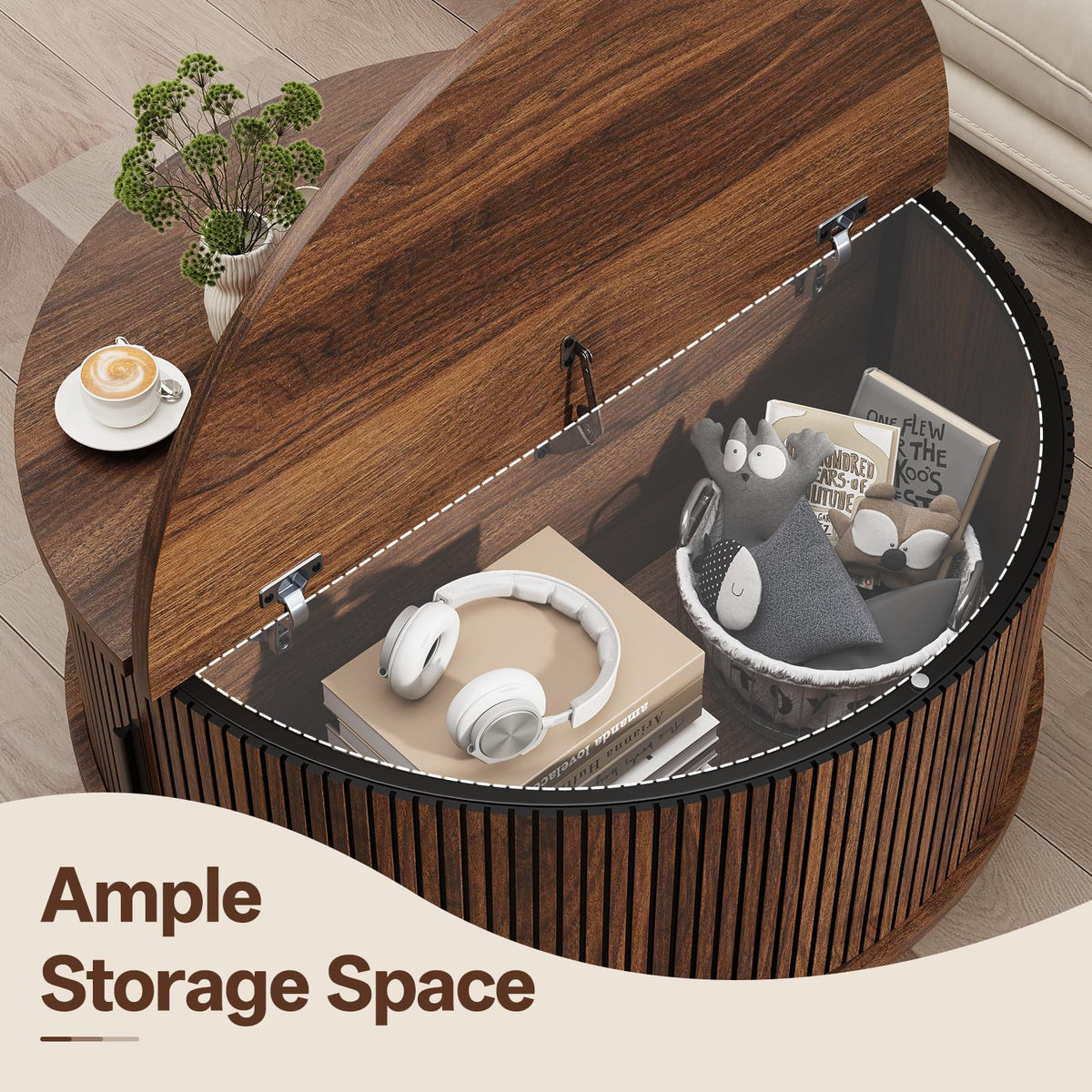 Round Coffee Table with Storage, 31.5", Walnut O28605