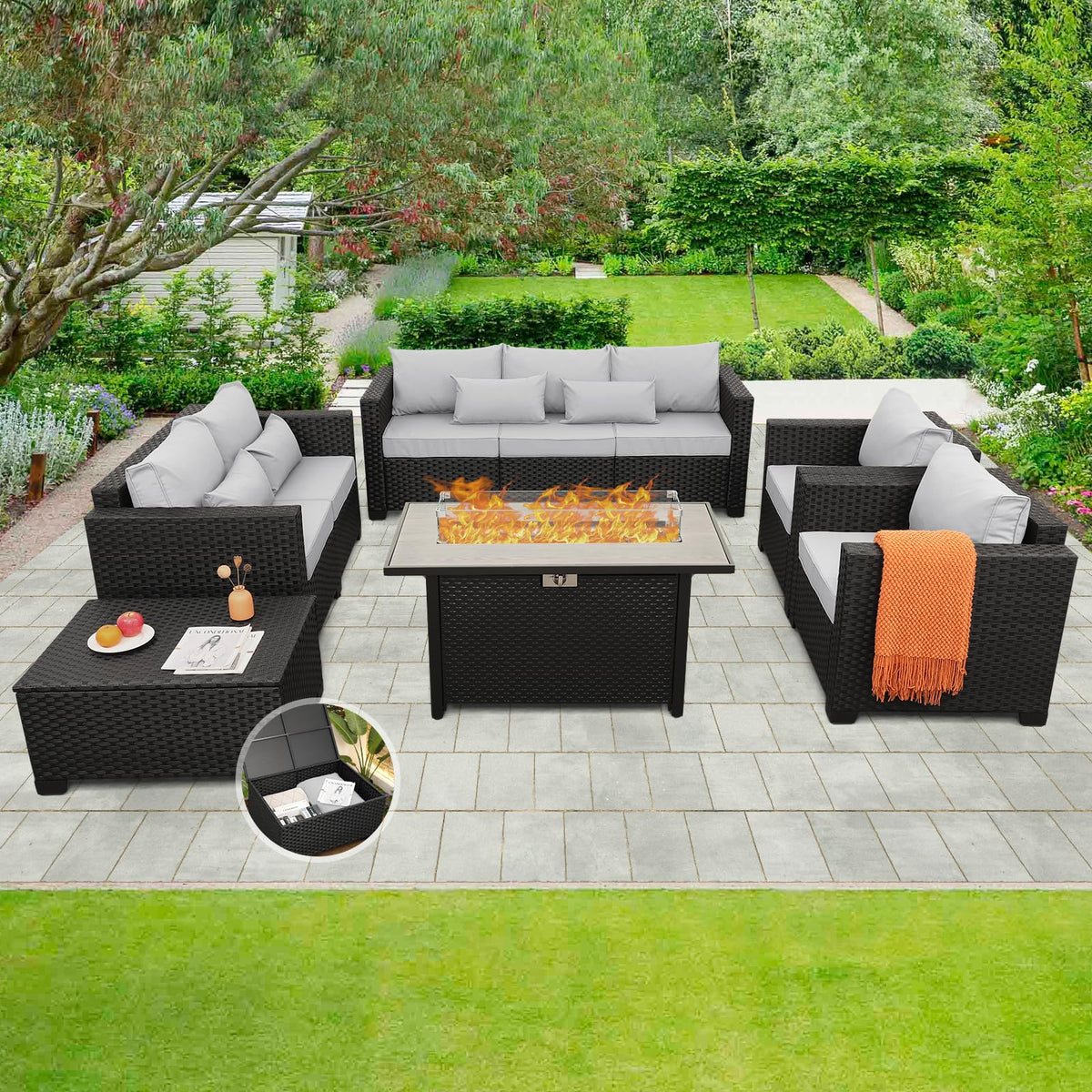 6 Pcs Outdoor Furniture Set with Fire Pit Table and Cushions L625