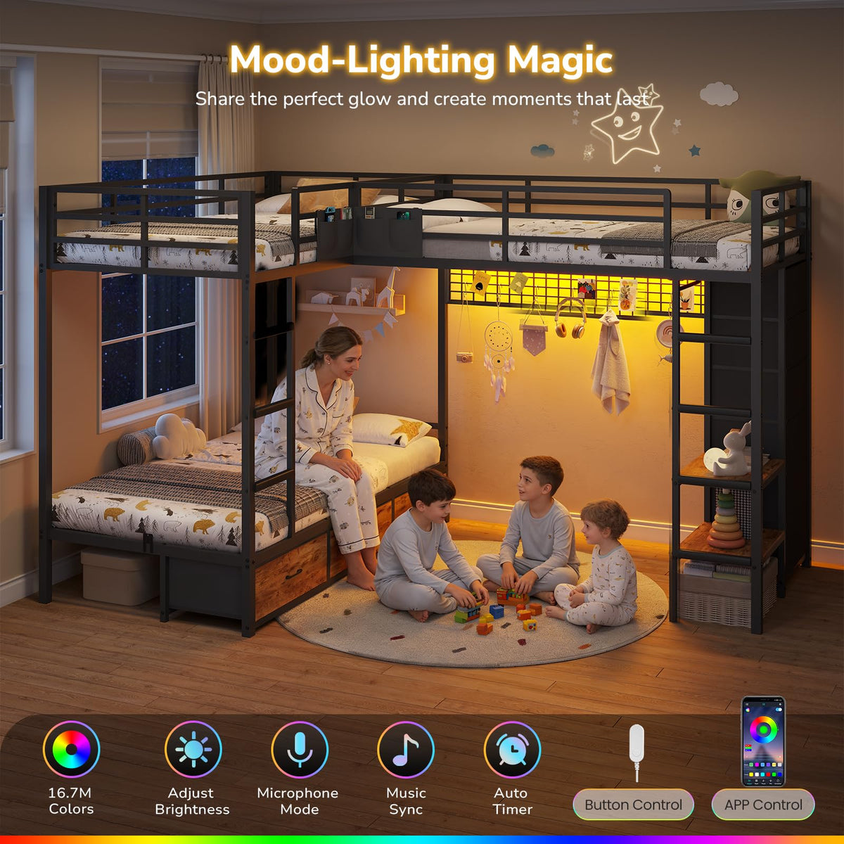 Black Twin Over Twin Triple Bunk Bed with 9 Storage Drawers and LED Lights Y89262