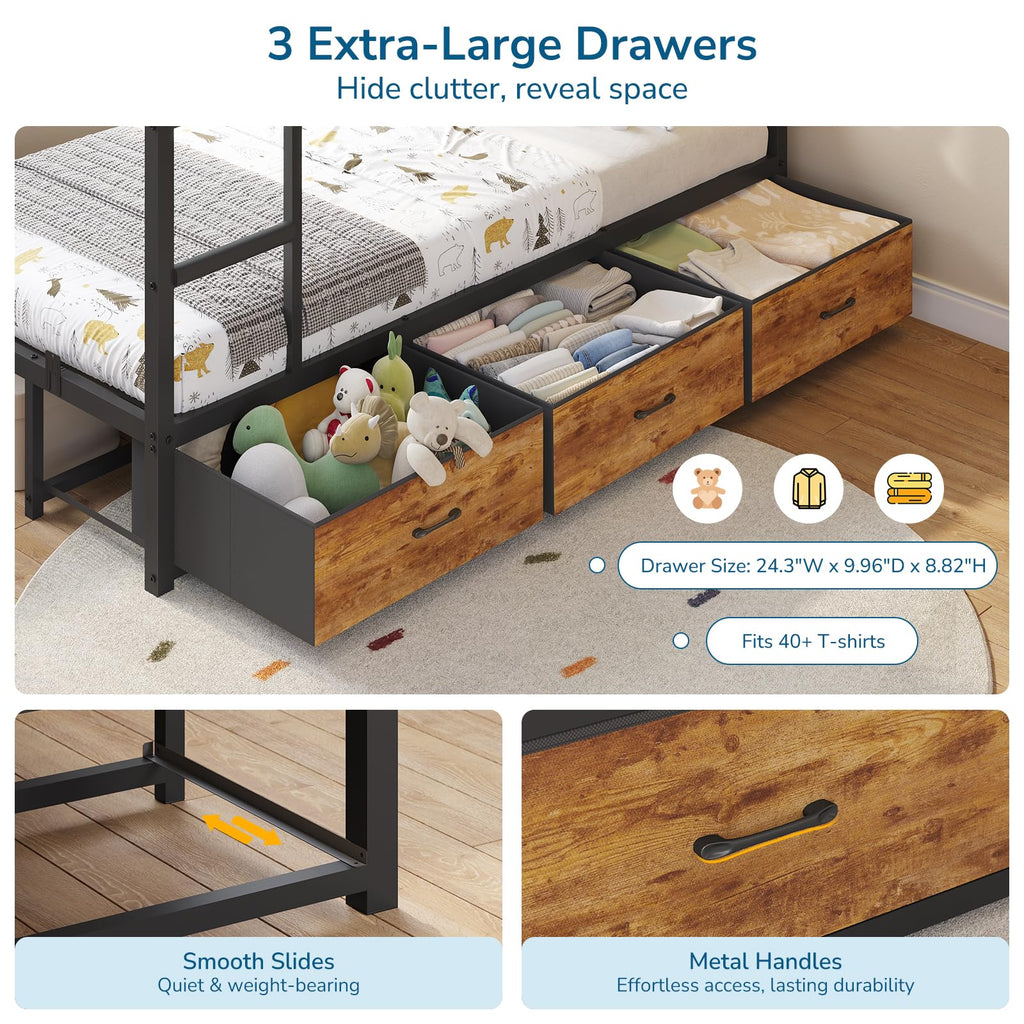 Black Twin Over Twin Triple Bunk Bed with 9 Storage Drawers and LED Lights Y89262