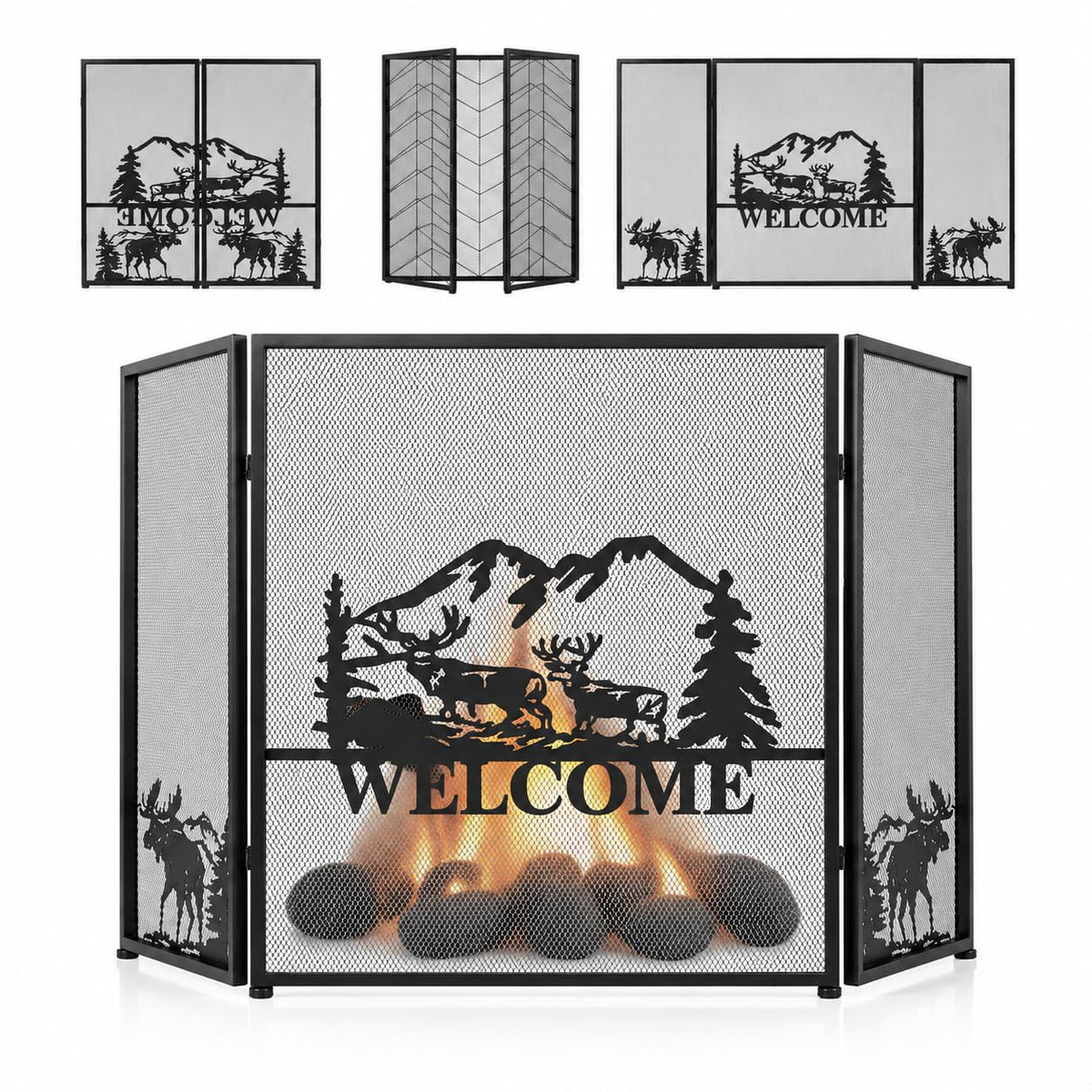 Foldable Fireplace Screen with Moose Pattern L67680