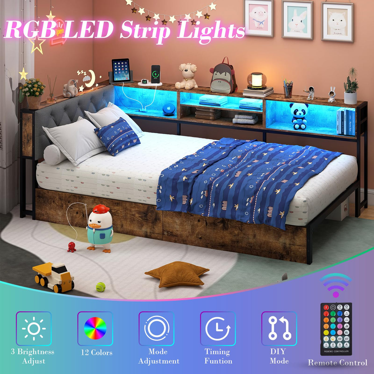 Twin Size Corner Bed Frame with Storage and Headboard L9679