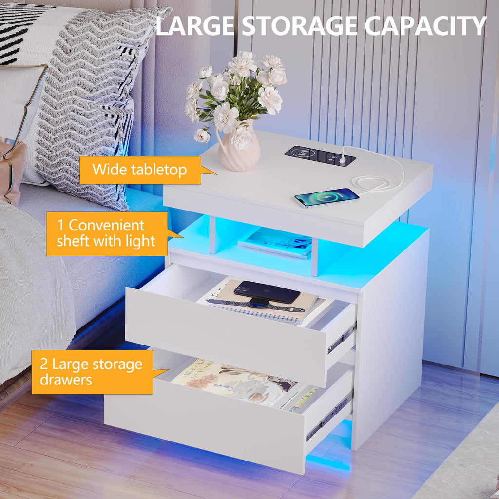 LED Nightstand with Charging Station White V57422