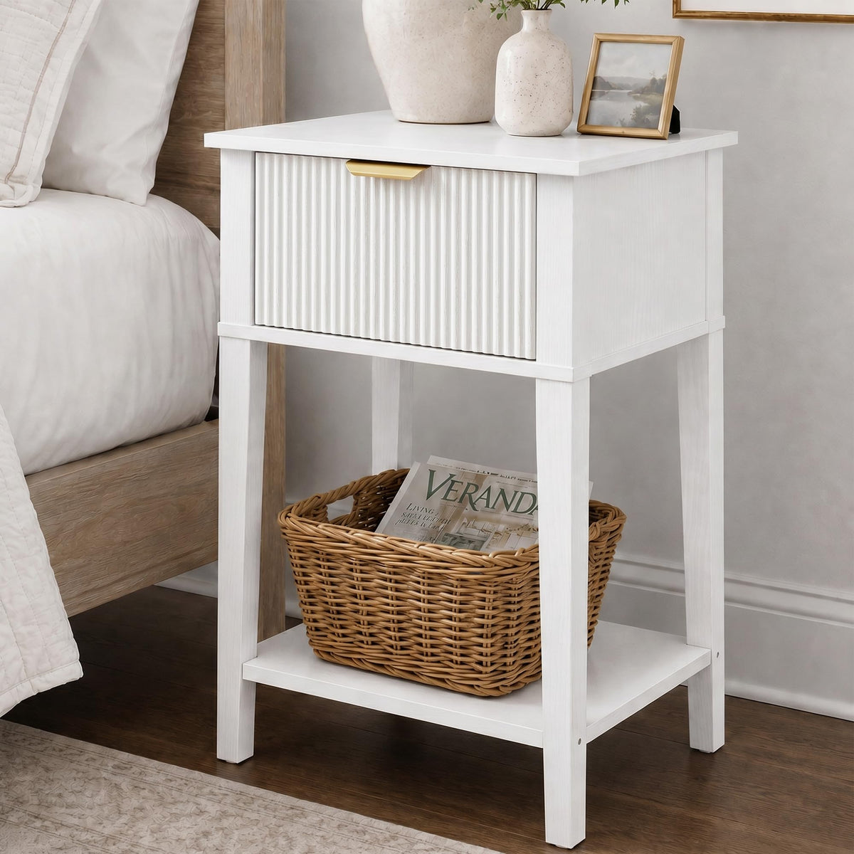 White Nightstand with Drawer and Open Shelf F670258