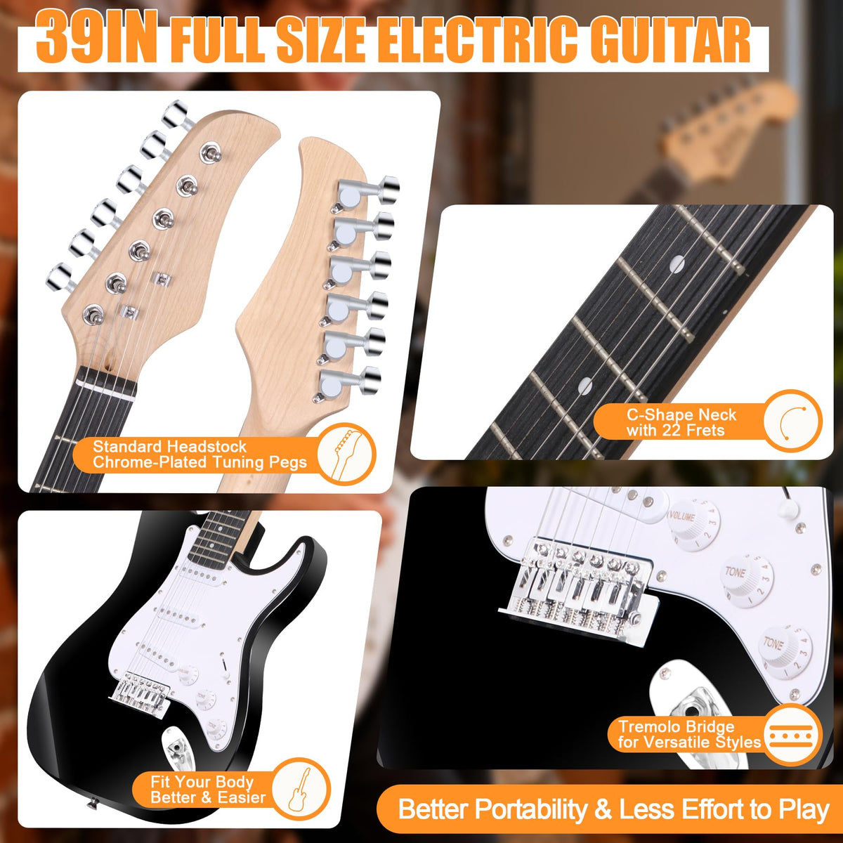 39 Inch Full Size Electric Guitar Kit with Strap, Amp, Case Bag and Strings I3672