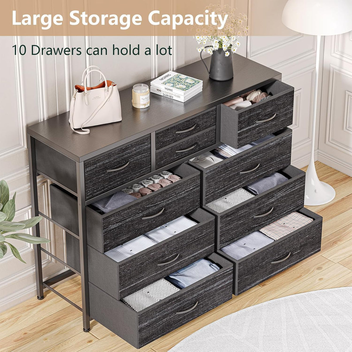 10 Drawer Fabric Dresser with Wood Top K850449
