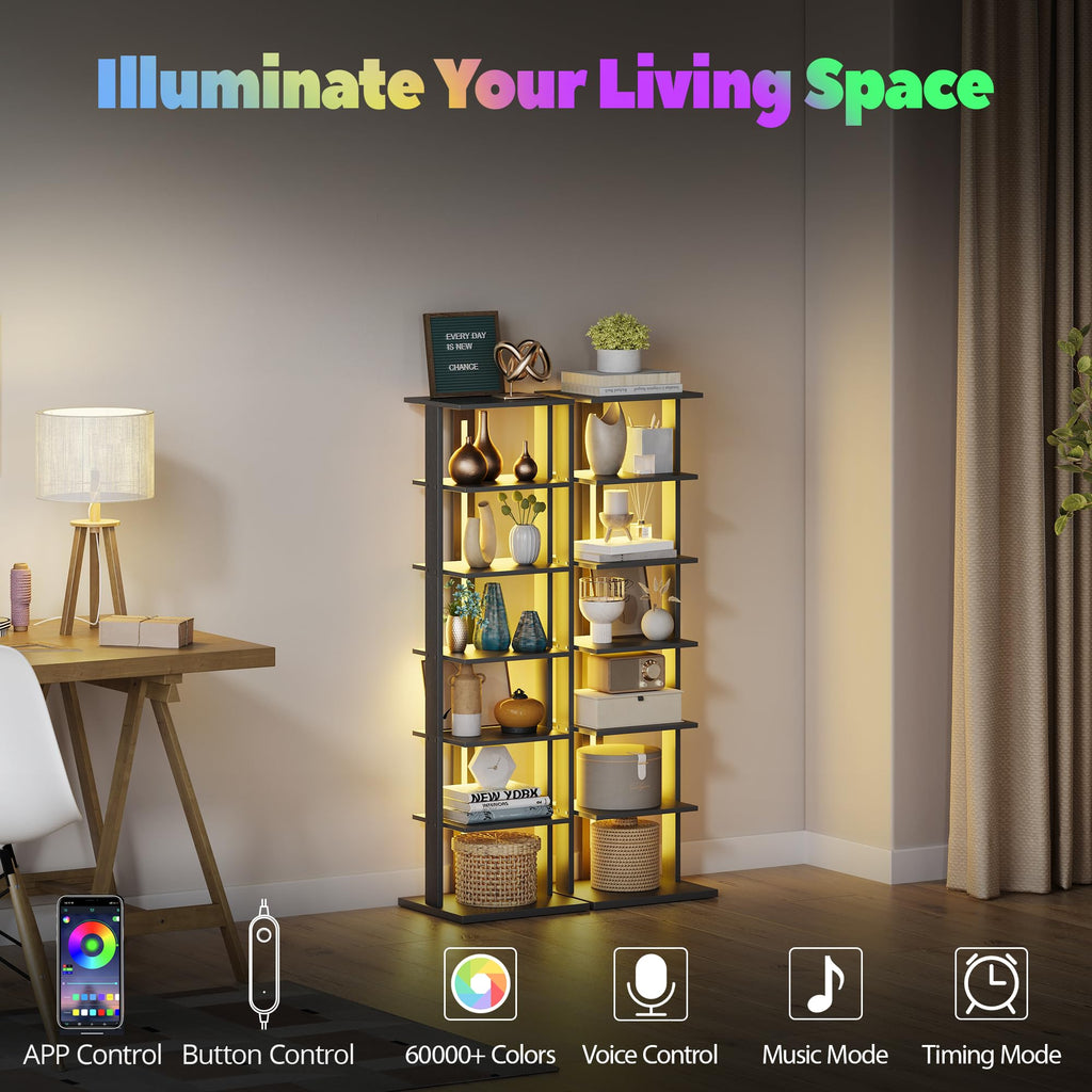 Black 7-Tier Narrow Bookshelf with LED Lights M697