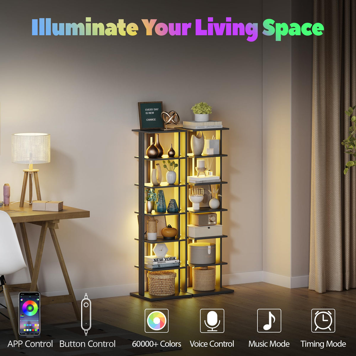 Black 7-Tier Narrow Bookshelf with LED Lights M697