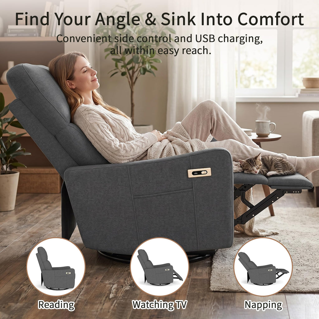 Light Brown Rubberwood Dark Gray Velvet Swivel Rocker Recliner Chair N467246