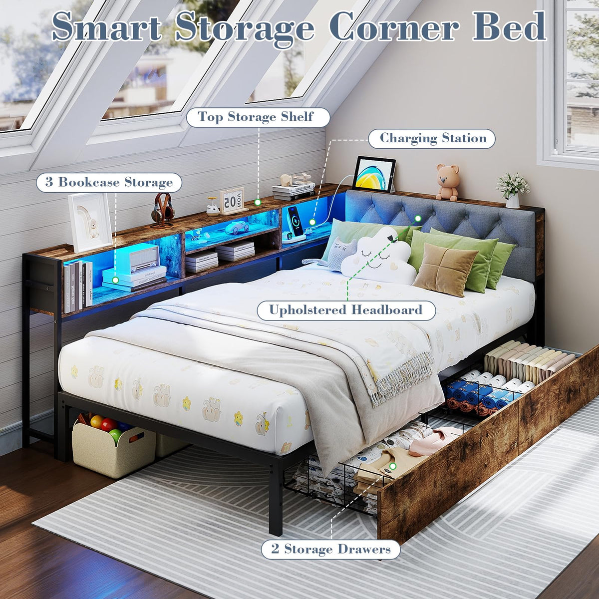Twin Size Corner Bed Frame with Storage and Headboard L9679