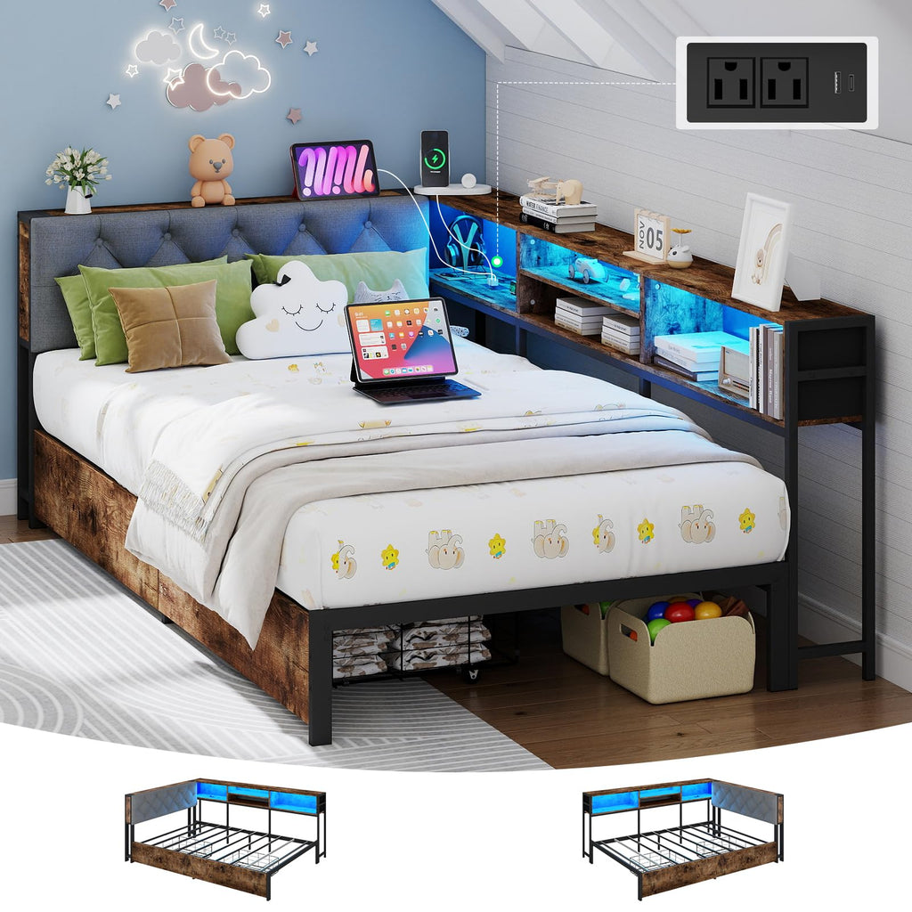Twin Size Corner Bed Frame with Storage and Headboard L9679