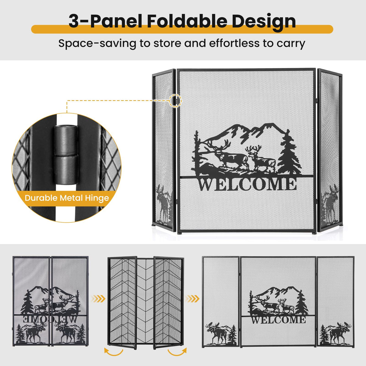 Foldable Fireplace Screen with Moose Pattern L67680