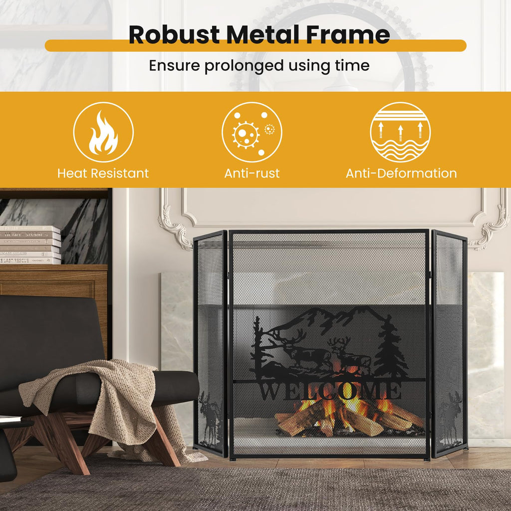 Foldable Fireplace Screen with Moose Pattern L67680