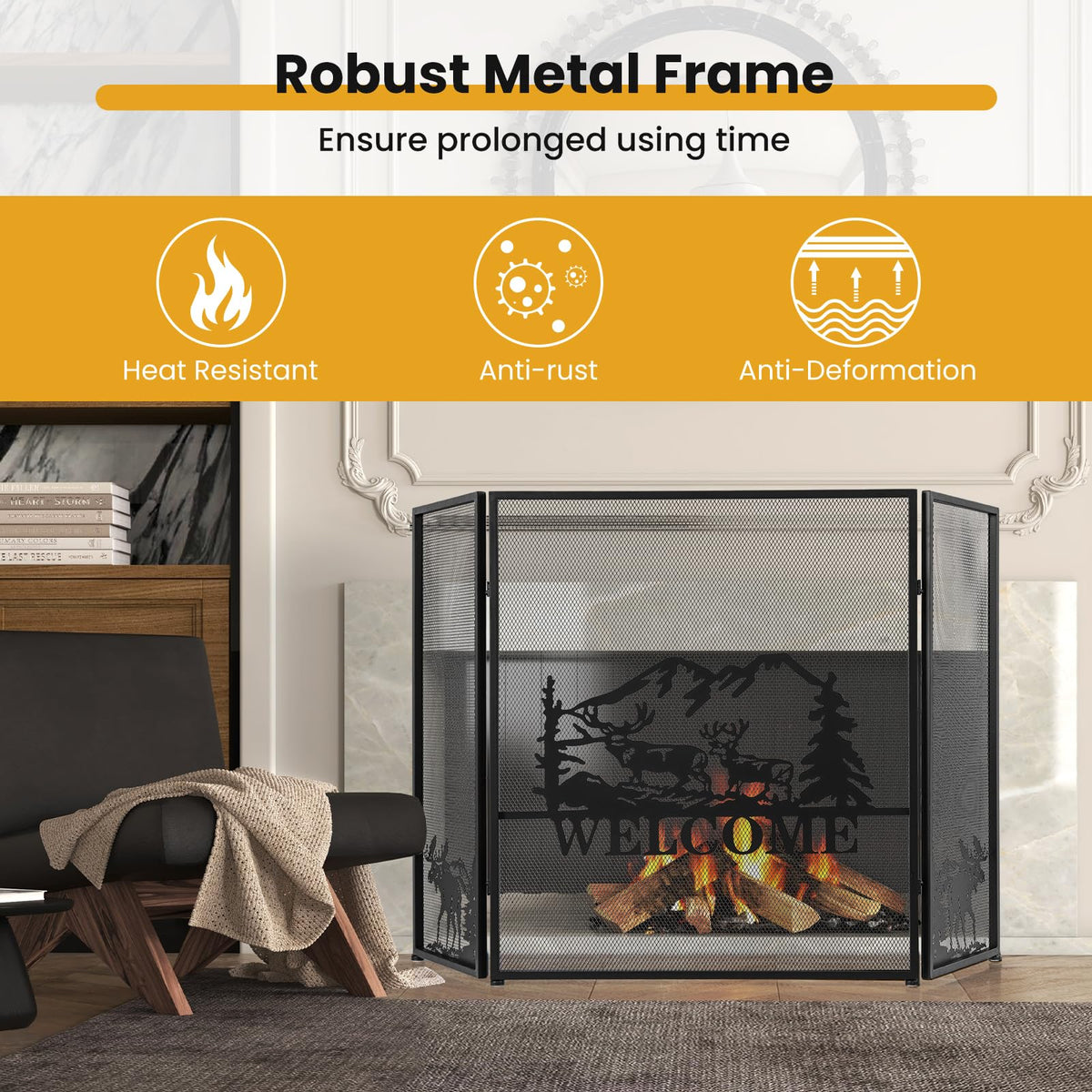 Foldable Fireplace Screen with Moose Pattern L67680