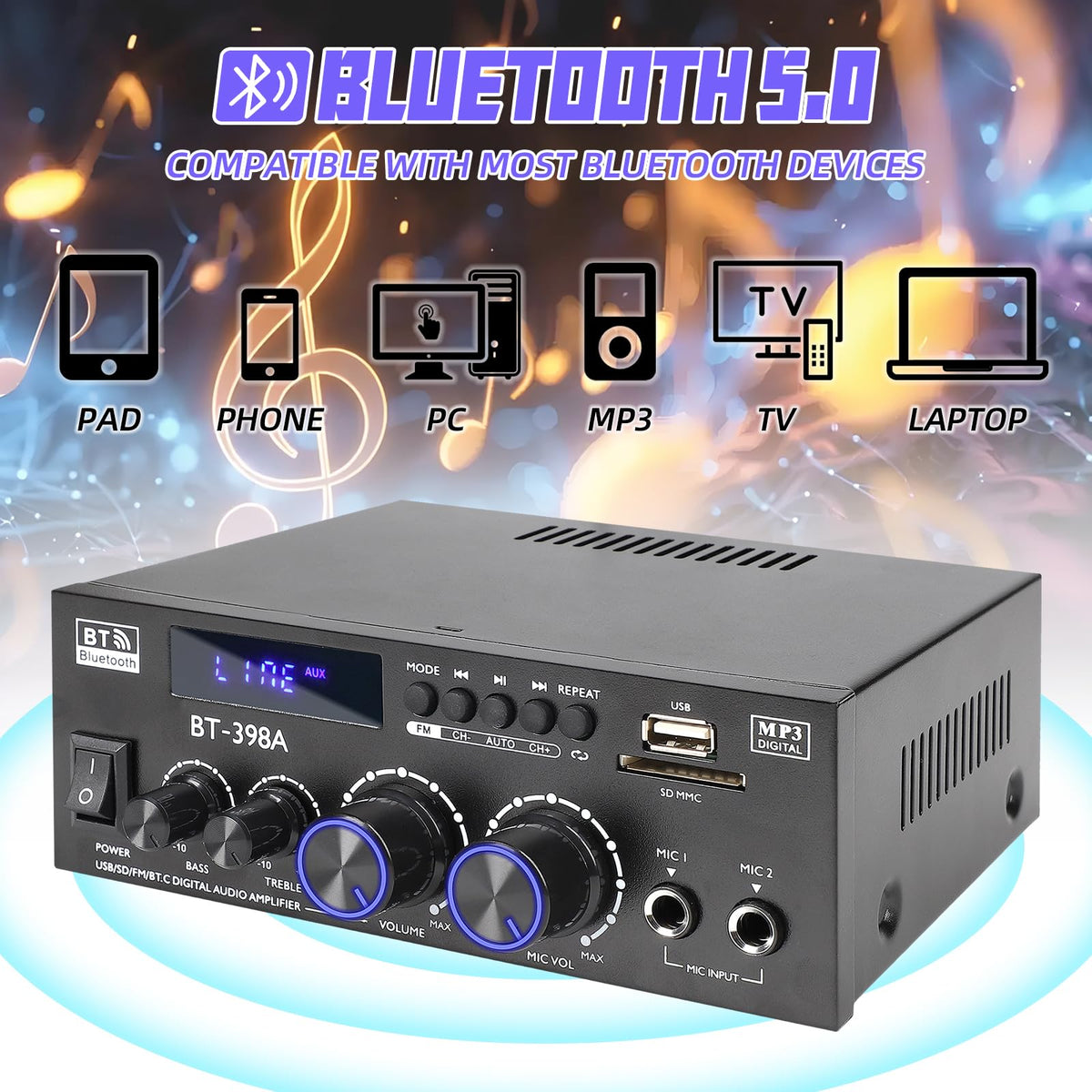 Bluetooth 5.0 Stereo Receivers, 2 Channel 450W Home Amplifier J752398