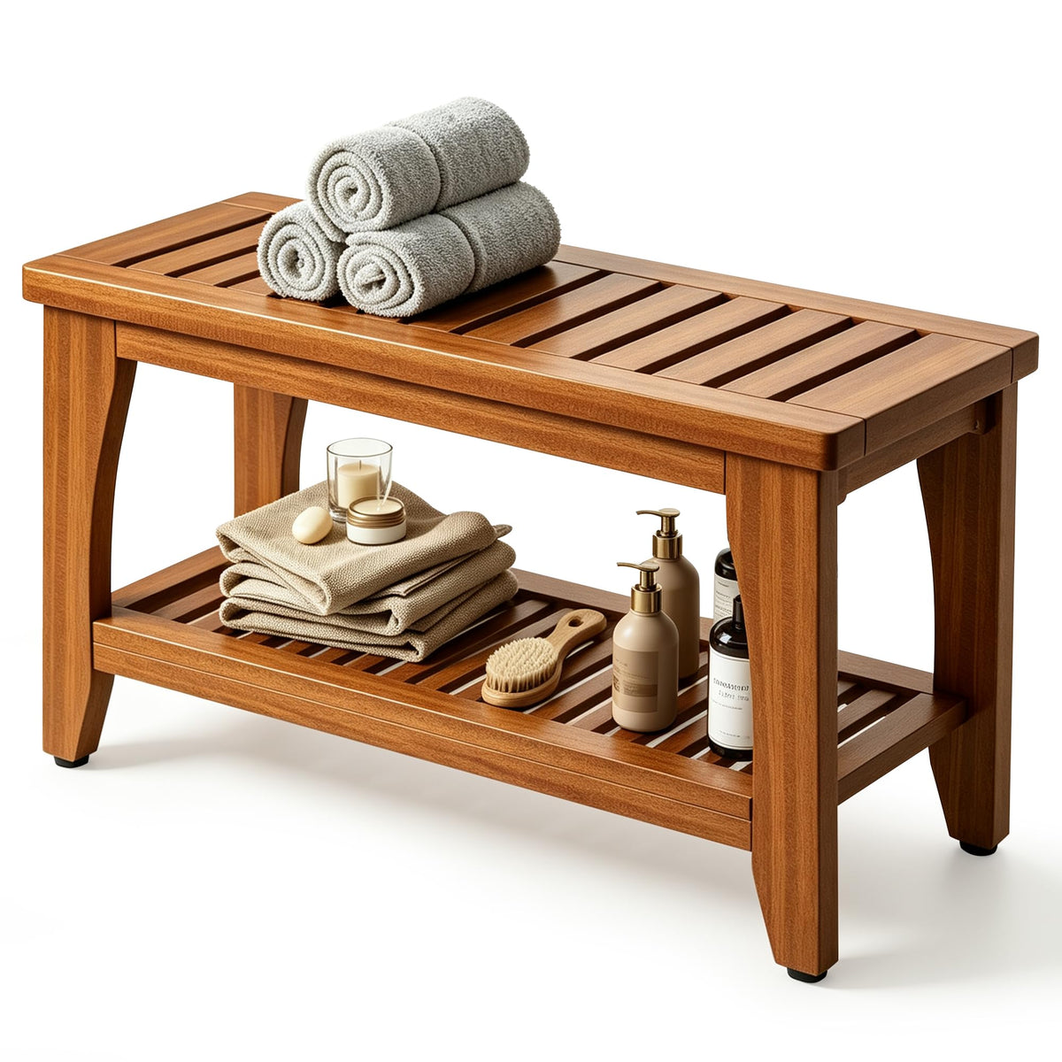 30" Solid Teak Shower Bench with Storage Shelf F553