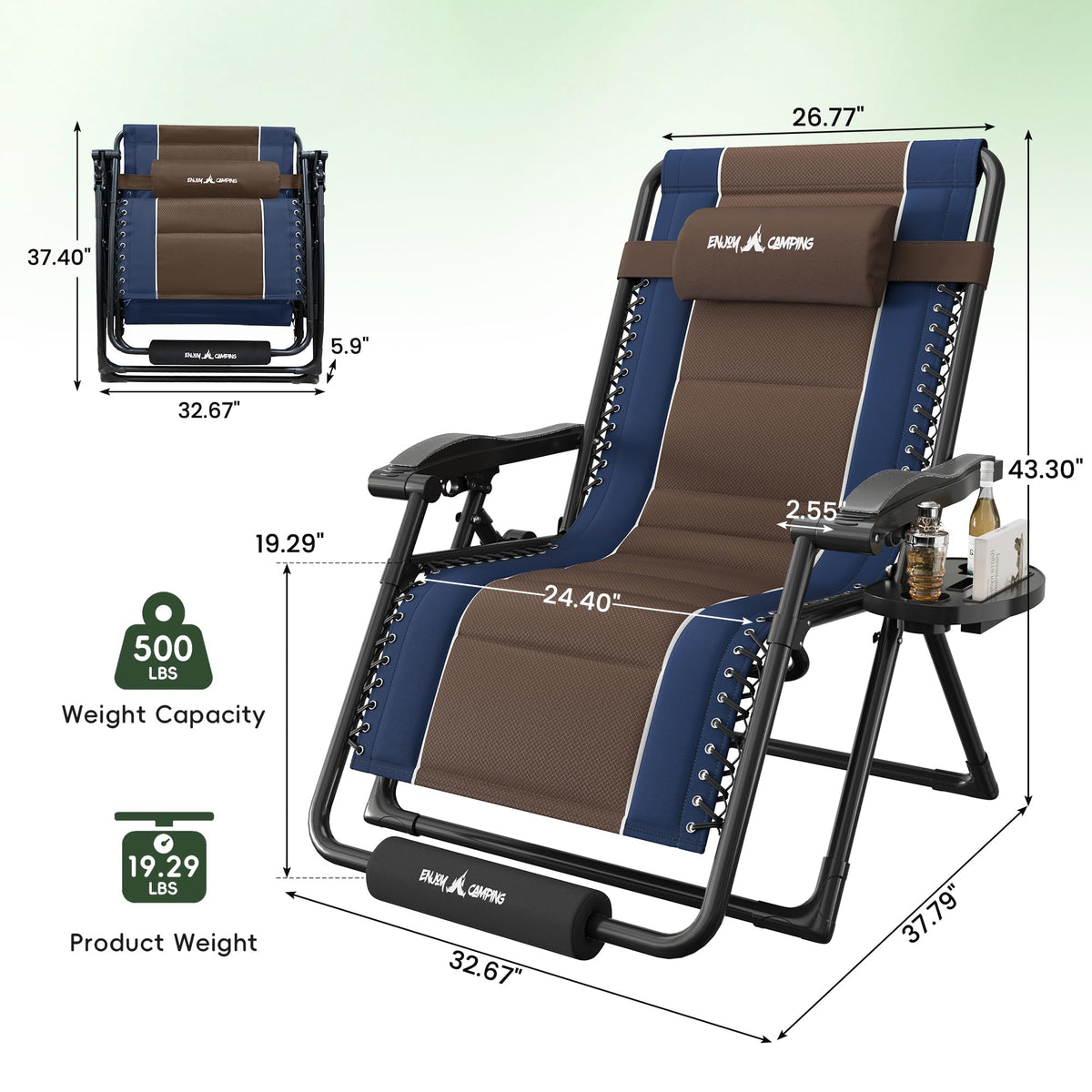 XXL Padded Zero Gravity Chairs Set of 2 Foldable Reclining Chair with Cup Holder U616380