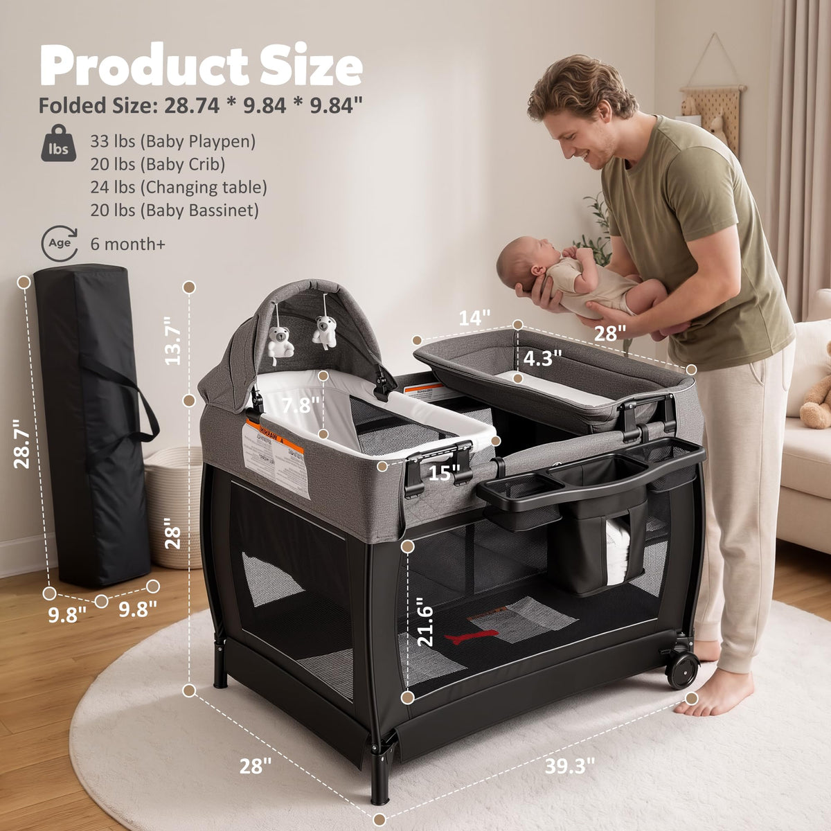4 in 1 Foldable Pack and Play with Bassinet & Changing Table Y157703